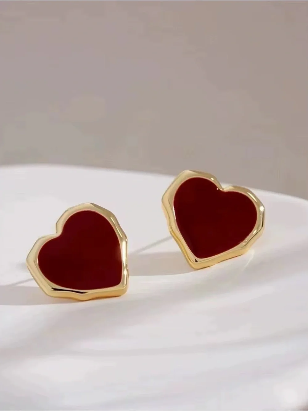 ***Dainty Gold Heart Stud Earrings with Red Enamel